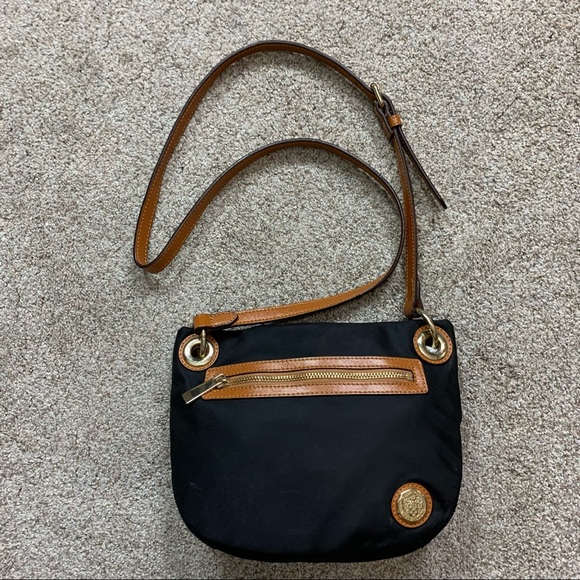 VINCE CAMUTO Black SATIN Brown LEATHER Cross Body HOBO Purse MESSENGER Bag - Picture 6 of 6